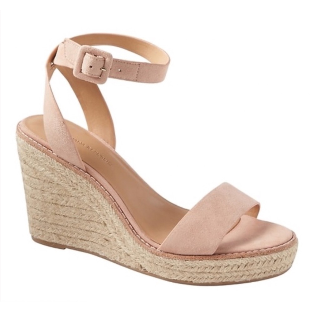 NWT BANANA REPUBLIC $150 Suede Wedge Espadrilles Ankle Strap Blush Tan